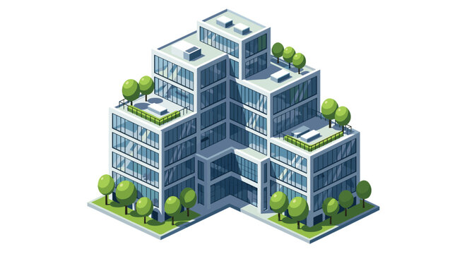 A sophisticated isometric rendering of a multi-tiered modern office building featuring expansive glass facades and lush green trees on several rooftop garden terraces.