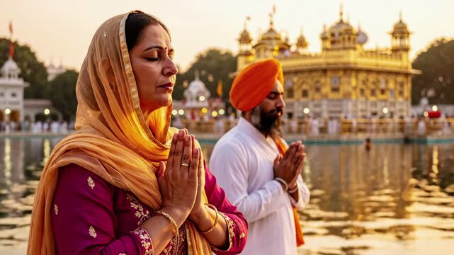 Sikh couple praying at Golden Temple, Amritsar, devotion and spirituality, tranquil morning light, cultural landmark, religious tourism, peaceful atmosphere