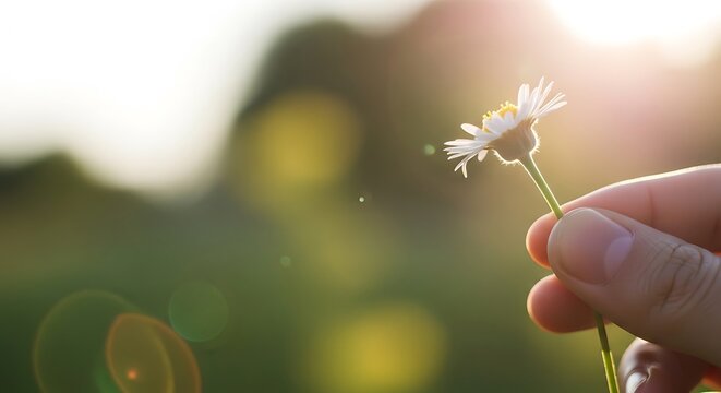 Hand holding a white daisy flower against a sunny bokeh background