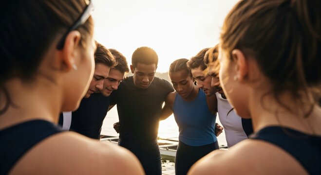 Diverse Group of Athletes in a Motivational Huddle by the Water During Sunset