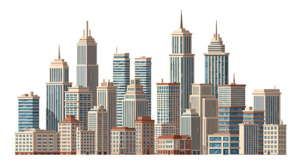 Fototapeta premium A dense urban city skyline features a diverse collection of beige and blue skyscrapers with intricate window patterns against a stark white background.