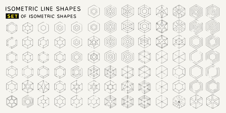 Collection of various isometric line shapes arranged in a grid pattern
