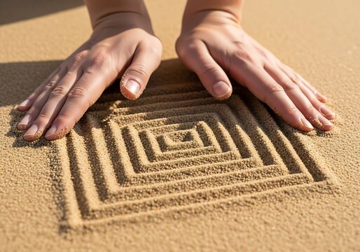 Hands Framing Concentric Square Pattern in Sand