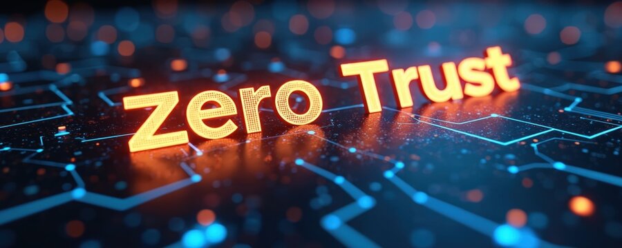 Digital abstract circuit board with glowing orange text Zero Trust. Futuristic network connections and glowing lights symbolize cybersecurity principles and data protection.