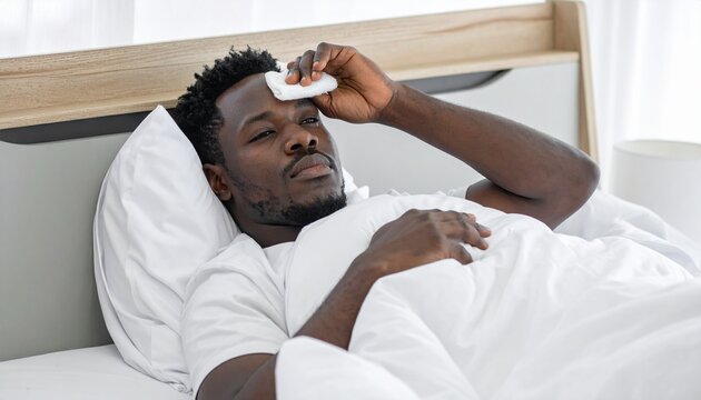 Man lies in bed holding cold compress to forehead feeling unwell