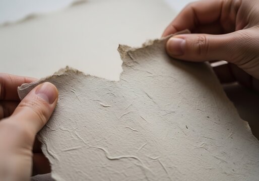 Hands Holding a Piece of Torn Textured Handmade Paper