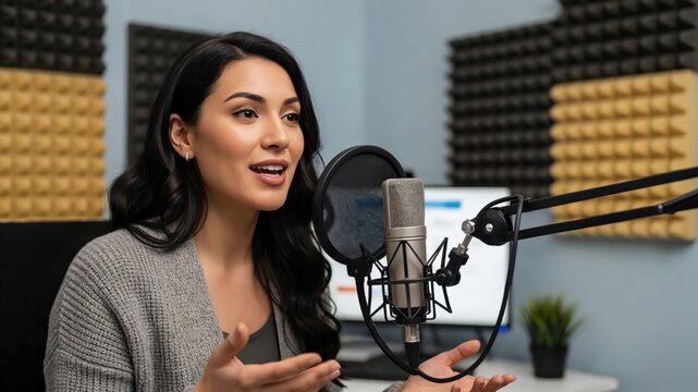 Female podcaster in gray sweater discussing topics in a studio setting with microphone and sound panels