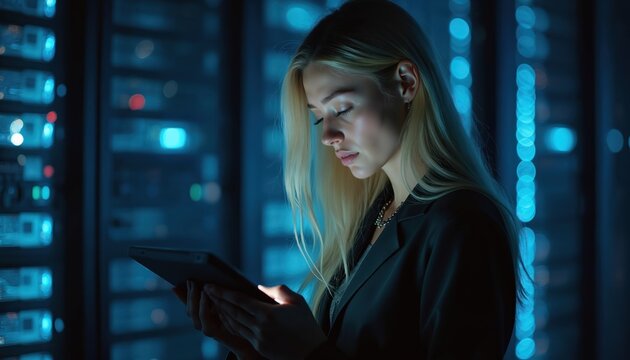 Young blonde woman works on tablet in server room at night. She is focused and uses digital device in dark blue lit space. Woman checks data on screen, works late.