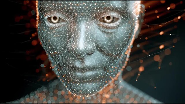Human face dissolving into digital particles and wireframe cyber network