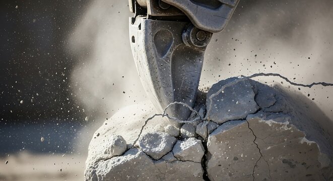 Hydraulic Breaker Bit Crushing Concrete Block with Flying Dust and Debris