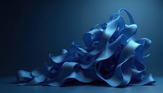 Blue ribbon sculpture twists and curls. Smooth fabric forms dynamic shapes. Light and shadow play on curves creating elegant contrast. Abstract art element.