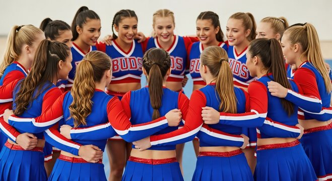 Female Cheerleaders Team in Blue and Red Uniforms Preparing for Performance in Cheerleading Practice Session