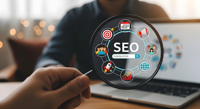 SEO Search Engine Optimization Concept with Digital Marketing Analytics and Online Ranking Strategy on Laptop