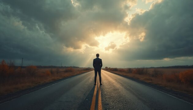 Man in suit stands on empty road, looks at dramatic sky with sunbeams. Contemplates future decisions, life choices, and uncertain path ahead. Represents journey and opportunity.