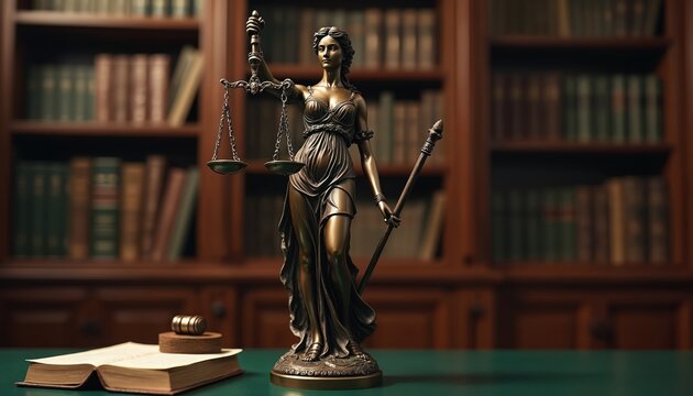 Bronze Lady Justice statue holding scales of justice. Gavel rests near open law book on green desk before wood bookshelves. Symbol of law fairness, legal system, justice, court.