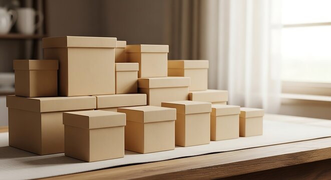 A neat collection of 12 square boxes arranged on a wooden table in a bright room, symbolizing organization, shipping, storage, and modern minimalist design.