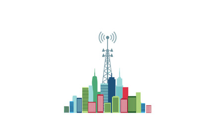 Fototapeta premium A vibrant and colorful city skyline composed of simplified skyscrapers sits beneath a tall grey communication tower emitting signal waves into the clear air.