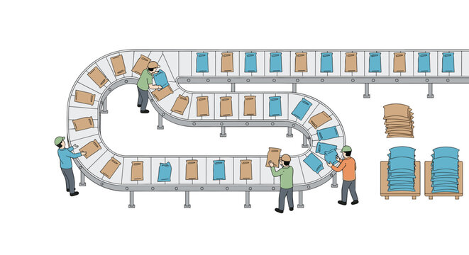 Multiple workers in colorful uniforms operate a winding S-shaped conveyor belt system filled with brown and blue sacks within a bright industrial facility.
