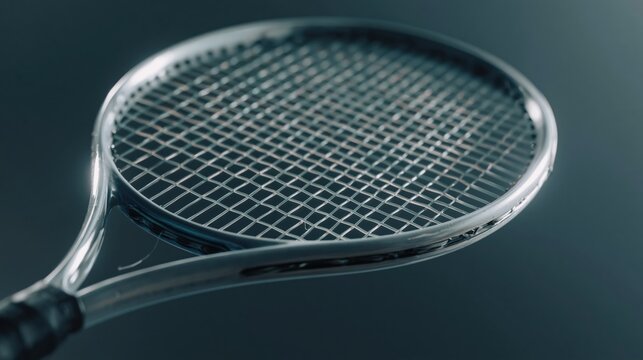 Close-up of a modern tennis racket with a clean, metallic frame and taut strings