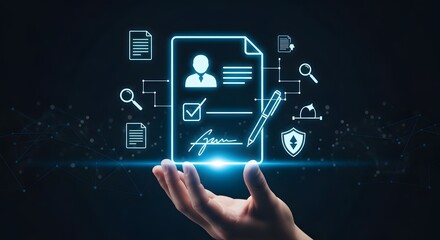 Naklejka premium Secure Digital Identity Card Interface with Hand Holding Futuristic Document Verification and Authentication Concept