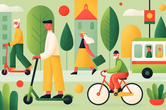Colorful Illustration of a Bustling Urban Scene with People and Sustainable Transportation