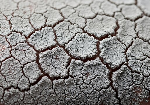 Macro View of Dry Cracked Earth Texture with White Powdery Surface