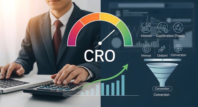 Business analytics dashboard with CRO conversion rate optimization concept, laptop workspace, and performance marketing metrics