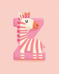 Obraz premium Whimsical Pink Striped Zebra with Red Chair in Pastel Pink Background