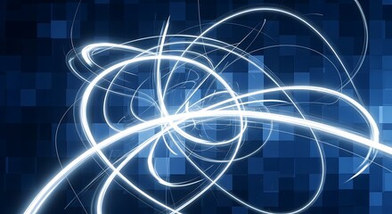 Fototapeta premium Abstract glowing white light trails on blue digital background