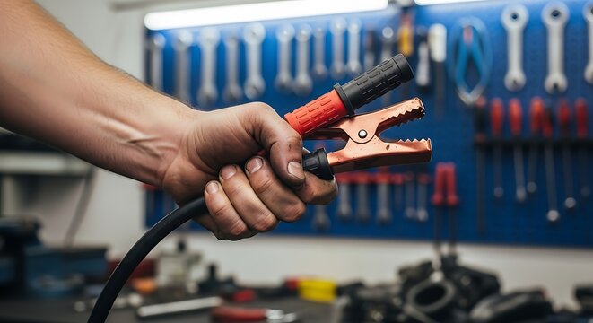 Mechanic holding car battery jumper cable clamps in a professional repair workshop