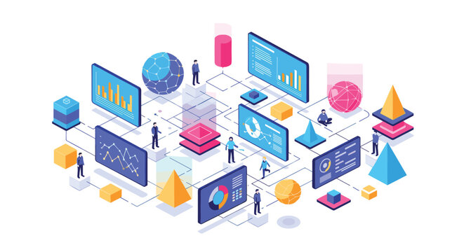A sophisticated isometric network of digital data screens and colorful geometric shapes features small human figures interacting within a complex system.