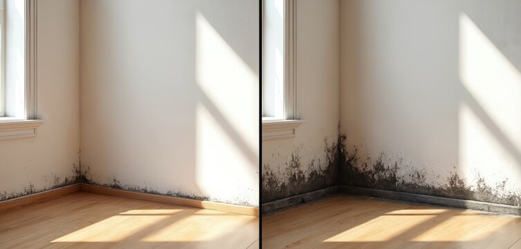 Comparison of wall before and after mold removal. Shows black mold growth at baseboard and wall corner on left side. Right side shows clean restored wall and baseboard after treatment.
