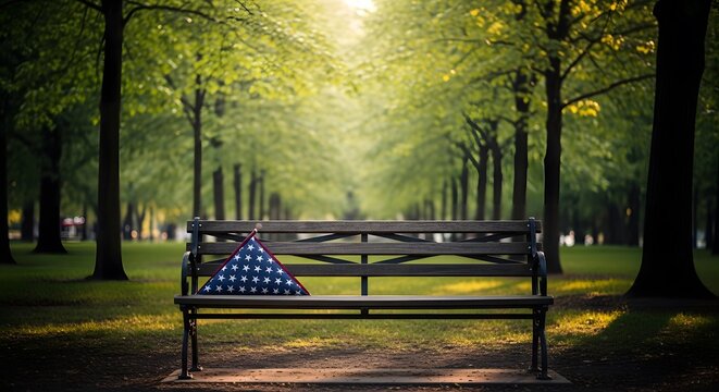 Folded american flag resting on park bench during memorial day tribute in peaceful garden.
