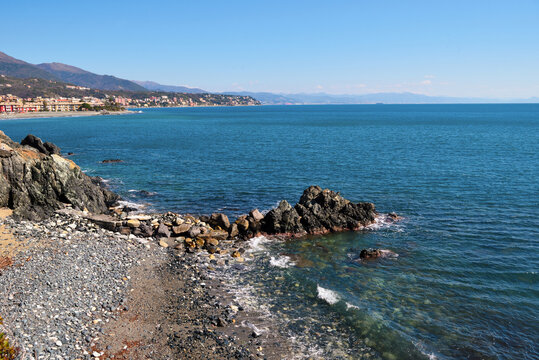 View of the breathtaking coastline from the Passeggiata Europa (or Piani di Invrea Coastal Park), a cycle pedestrian path famous for its sea views Varazze and Cogoleto