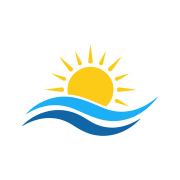 Sun rising over wavy blue water isolated on white background