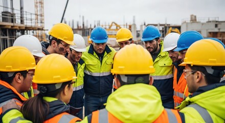 Fototapeta premium Diverse Team of Construction Workers in Safety Gear Collaborating on Building Site