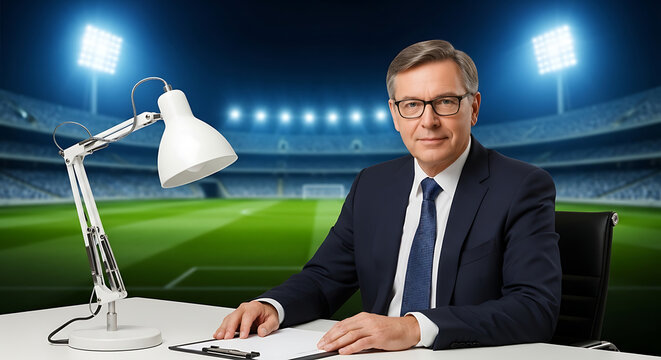 Man in suit sitting at a desk with a sports stadium and bright lights in the background, sports commentator setup, broadcasting studio