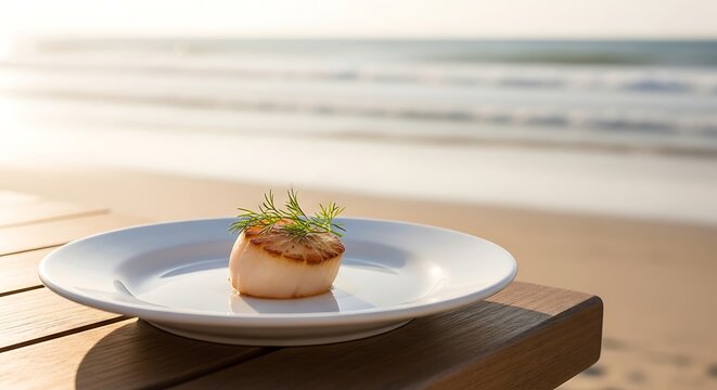 Seared Scallop with Dill Garnish on a White Plate at a Beach Setting