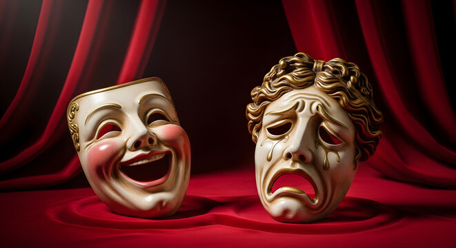 Two theatrical masks on a red stage with dramatic lighting effects and a curtain backdrop for a character. AI generated image