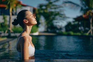 Fototapeta premium A relaxed woman stands in a sunlit pool, eyes closed, savoring the warm breeze. A casual lifestyle moment that conveys calm, self care, and a peaceful, rejuvenating escape.
