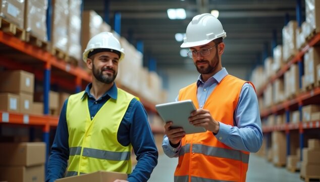 Gerente de log&iacute;stica en almac&eacute;n verificando el inventario y la distribuci&oacute;n de recursos usando una tableta