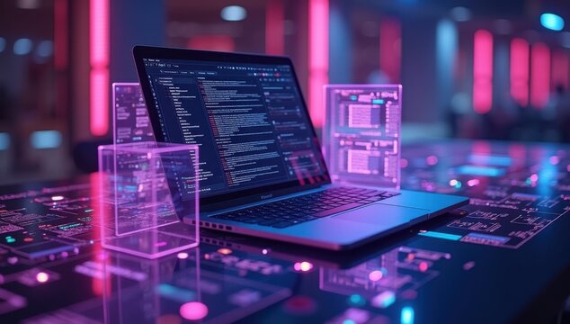 Laptop con paneles de interfaz de usuario flotantes y capas de documentos brillantes