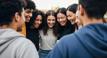 Fototapeta premium Diverse Group of Young Adults Smiling Together Outdoors in a Circle During a Fun Gathering