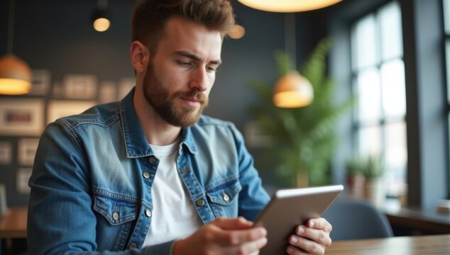 Joven reclutador seleccionando perfil de candidato en tableta, entorno de oficina de startup