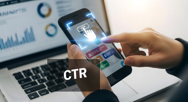 Click Through Rate CTR Analytics on Smartphone with Digital Marketing Performance and Conversion Tracking Interface