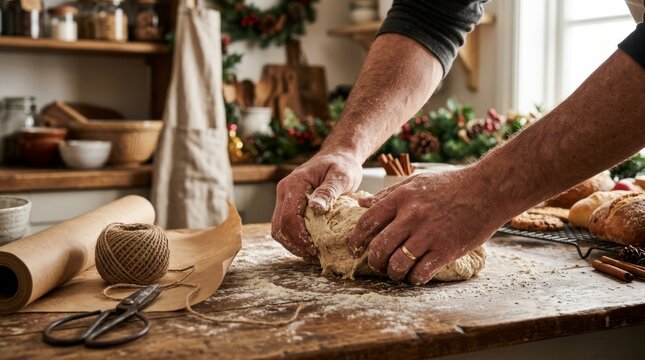 Caucasian male hands kneading dough on rustic christmas kitchen counter
