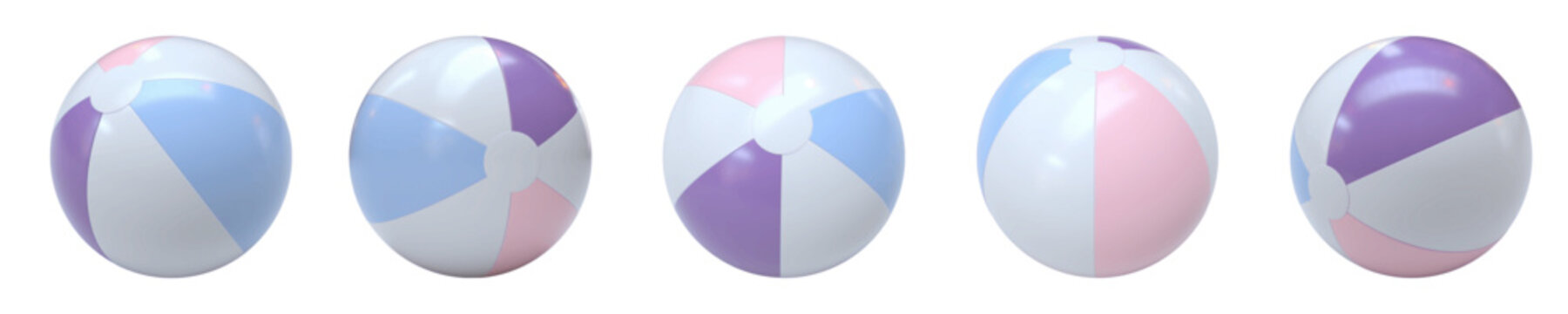 Vector set of realistic 3D rendered beach balls. Five inflatable water balls in soft pastel colors. Colorful purple, pink, blue and white striped beach balls shown from different angles, isolated.