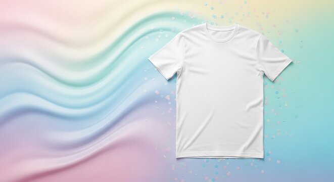 White T-Shirt Mockup on Pastel Rainbow Wavy Background with Scattered Confetti