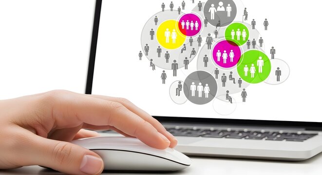 Customer segmentation and audience targeting analytics on laptop with colorful group icons and marketing data visualization