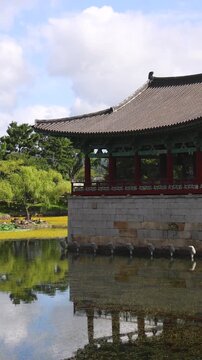 Gyeongju, South Korea, view of Donggung Palace and Wolji Pond in a sunny day, North Gyeongsang Province, Gyeongju city, Silla dinasty traditional Korean hanok architecture, Yeongnam region